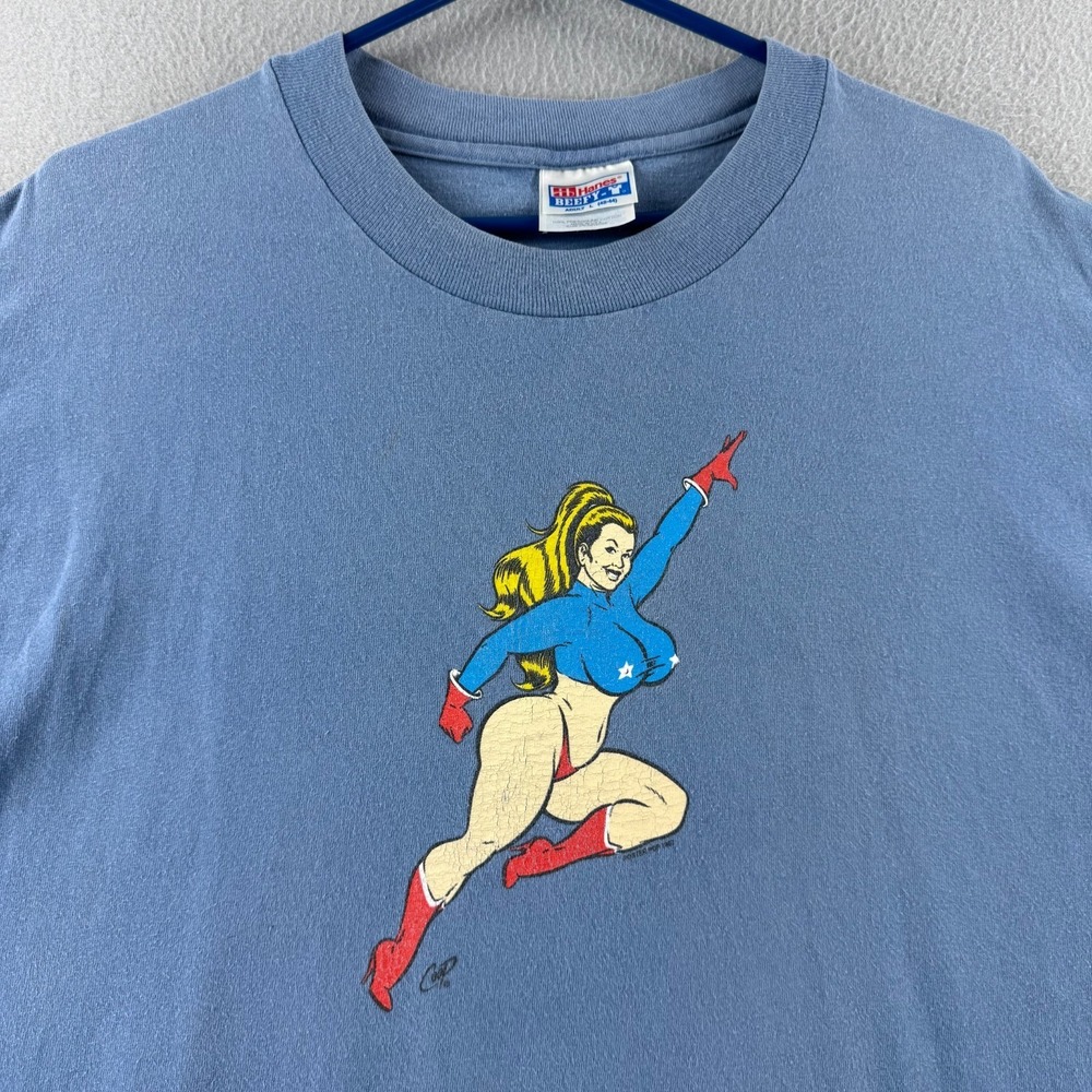 Vintage Coop Art Shirt Mens Large 90s Devil Woman Super Hero Rocket Girl Tee USA - Picture 2 of 16